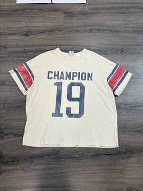 Champion Cream Short Sleeve Tee with Navy Graphic and Red Sleeve Stripes